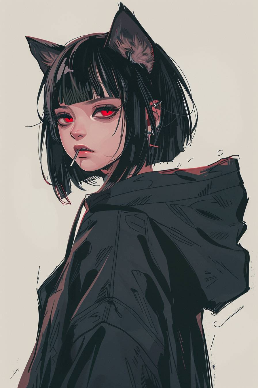 An elegant anime girl with black cat ears, short black hair and red eyes, wearing a stylish cyberpunk black hoodie jacket, with an evil smile, looking back from the side and above, against a simple background, in colorful Y2K aesthetic.