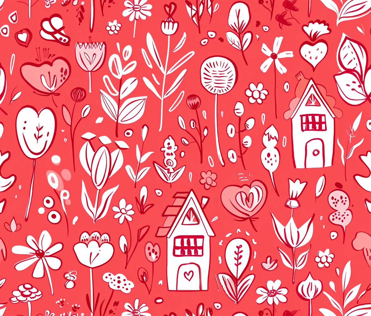 Red and light pink seamless pattern, childish drawing, flowers, house doodles