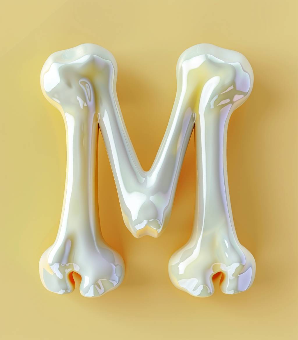 骨形のデザインされた“M”の文字、明るい無地の背景、ピクサースタイル、滑らかな3D、リアルなスタイル、輝かしく輝かせた、--ar 7:8 --v 6.0