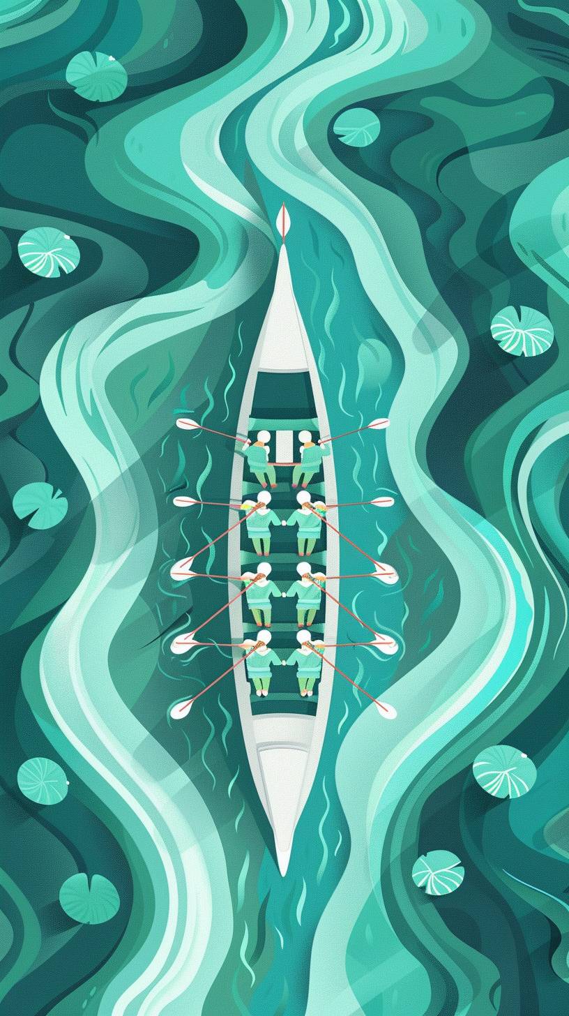 The Dragon-boat racing is in the middle,the water ripples to both sides,spring colors,green tones, with a flat illustration and a bird's-eye view,minimalist style,graphic poster design,flat,no C4D,Flatten illustration,8K --ar 9:16 --stylize 50  --v 6.0