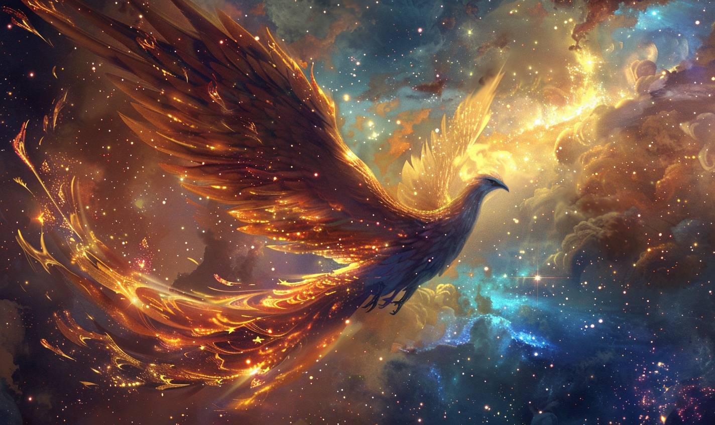 In the style of Beatrix Potter, cosmic phoenix soaring through the galaxy