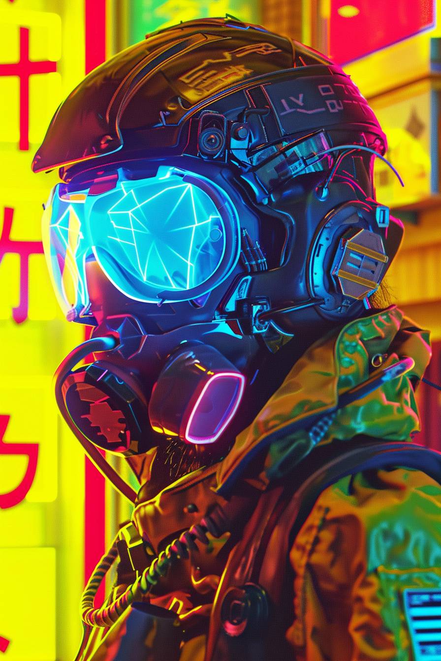 A magazine poster cover with a neo-cyberpunk theme, street-anime art style, featuring a character in a head length view, wearing a high-tech gas mask and cyber goggles, with a vivid yellow background. The background includes abstract geometric shapes and neon signs in Japanese, creating a futuristic urban vibe. Bold and dynamic lighting, with high contrast and neon glow. Created Using: digital art techniques, manga influences, cyberpunk aesthetics, high detail rendering, bold outlines, neon color palette, modern design software, urban street elements, HD quality