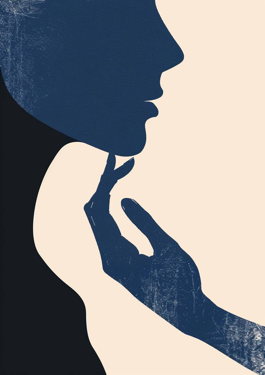 Minimalist illustration of a woman's hand holding a man in a blue and black color palette, done in the style of a minimalist artist.