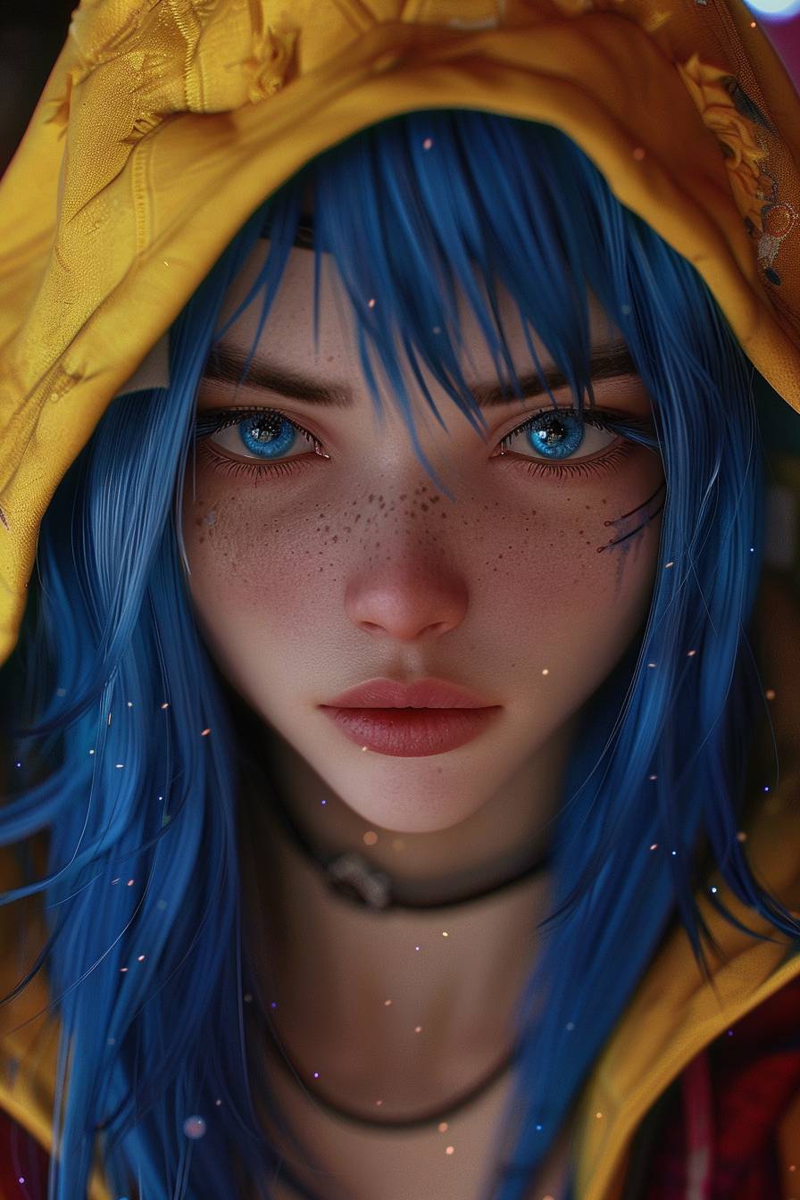 Stunning anime character with waist-length cobalt blue hair, donning a vibrant hoodie. Her eyes gently glow, with a lifelike facial expression, captivating Daz3D style, and psychedelic realism.