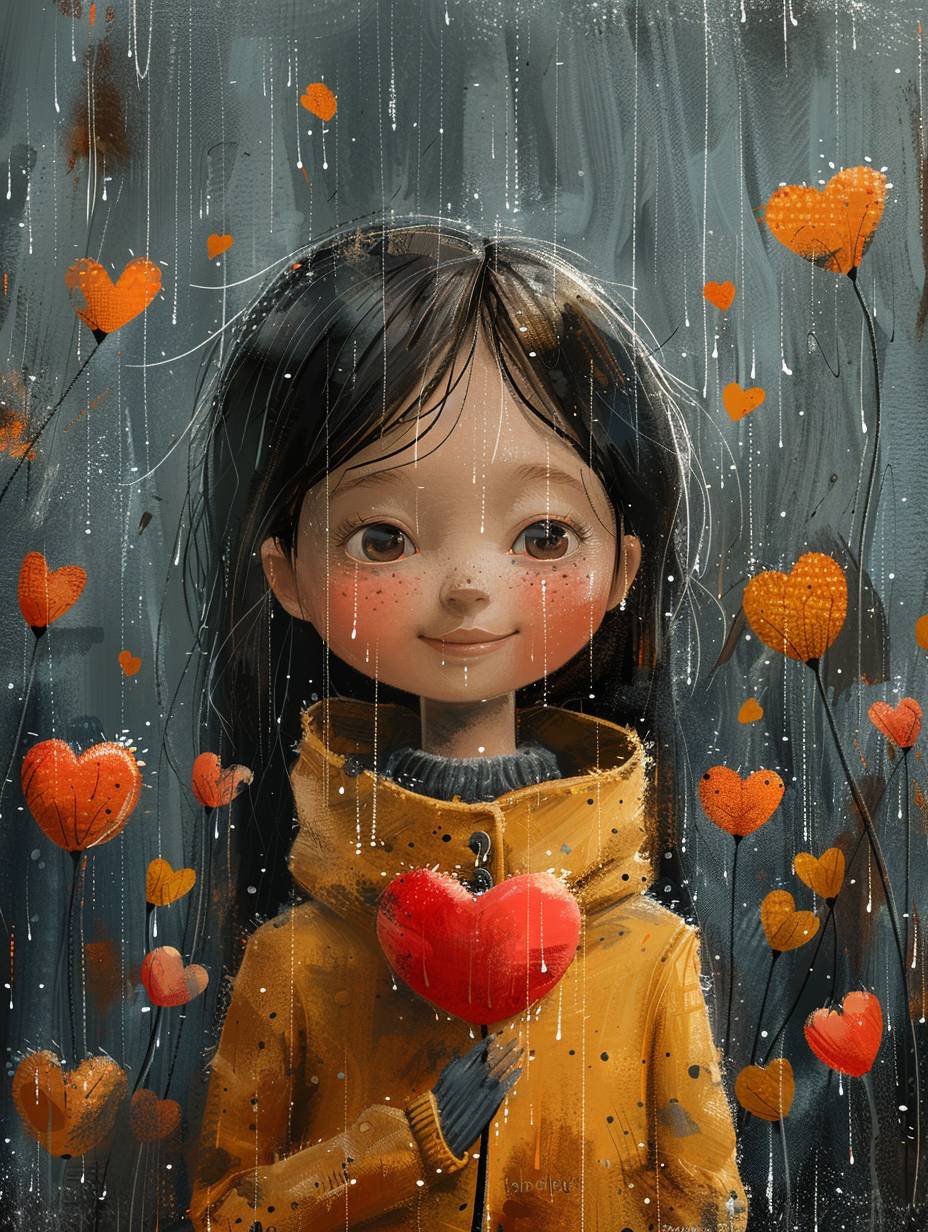 Rainy day with a wet heart, rainy scene with girl characters, cartoon character style