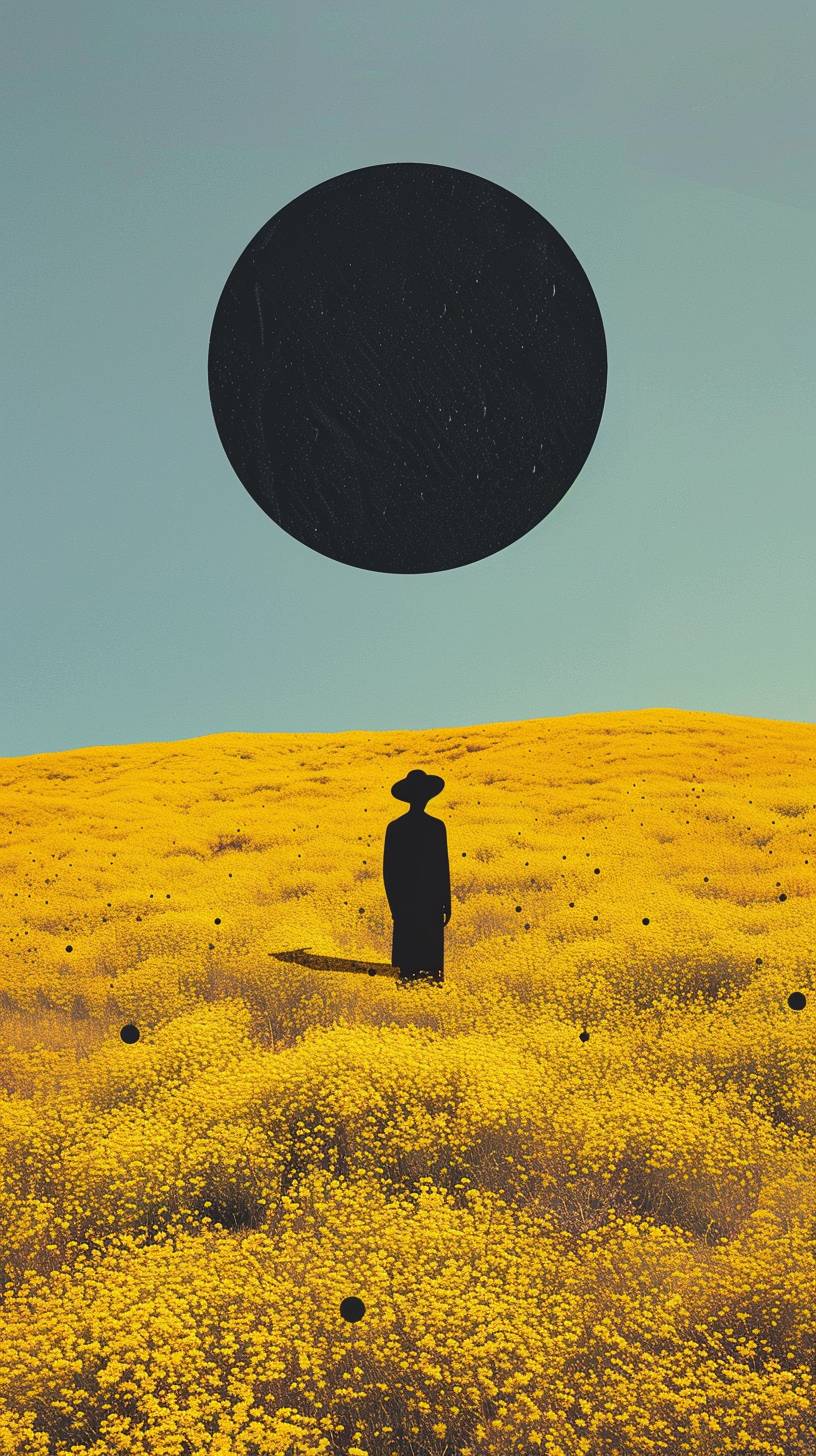 A minimalistic surreal digital art piece depicting an isolated figure standing in the middle of a vast field covered with yellow flowers. The person is wearing black and a hat, their back to camera creating a striking contrast against the vibrant yellow landscape. Above them floats a large black circle, adding depth and symmetry to the scene. This composition evokes a sense of solitude amidst nature's beauty, in the style of a surrealist artist.