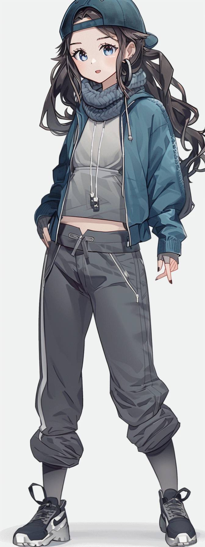 An anime little girl wearing an outfit with sleeves and pants in the style of Alex Hirsch, light indigo and dark gray, close-up intensity, Mike Judge, Normcore, Pigeoncore, Matti Suuronen, cute mobile game style