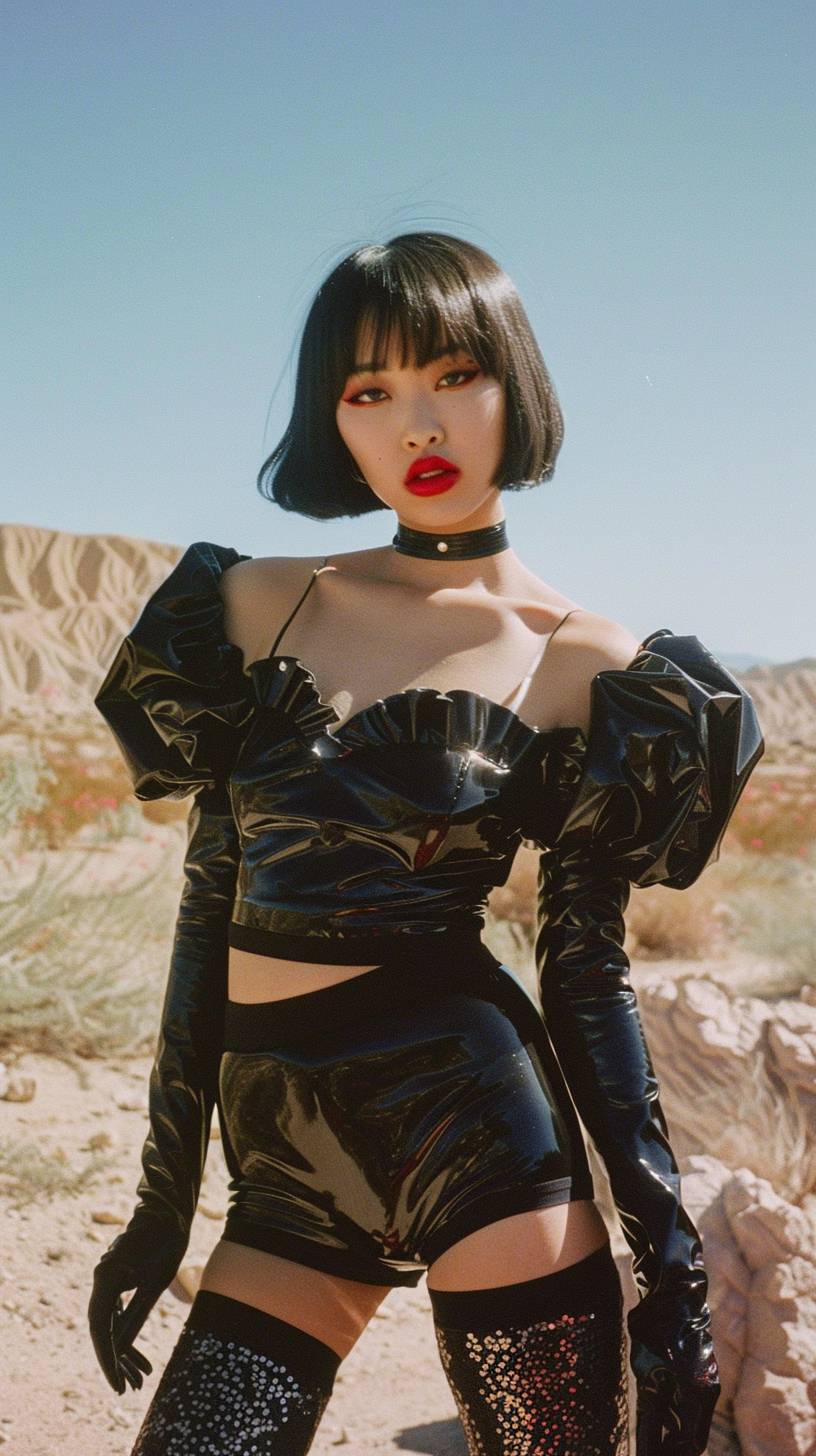 High-resolution editorial fashion photography, shot on 35mm film, featuring a young Asian female model with pale skin and sleek, short black bob haircut. She has striking features with bold red lipstick and smokey eye makeup, and she is dressed in a futuristic black latex crop top with exaggerated puff sleeve shoulders. She pairs it with high-waisted shorts, black gloves, and glittering tights. The photo is set against a stark desert landscape with rocky terrain, with bright daylight creating a bold and edgy mood. The model is posed front-facing with a confident expression. The photograph was shot on Kodak Ektachrome 100 film, showcasing a deep black, vibrant red, and sandy beige color palette.