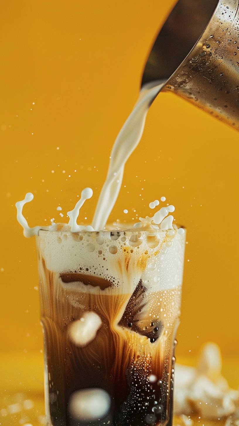 A close-up of milk being poured from a small stainless steel milk frother jug onto an iced coffee. The background is a yellow wall, and it's bright daylight. The image style is modern and minimalist, yet it looks refreshing and appetizing.