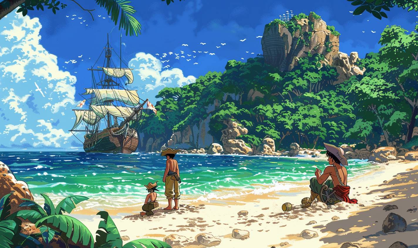 Pirate crew burying treasure on a deserted island in the style of Akira Toriyama