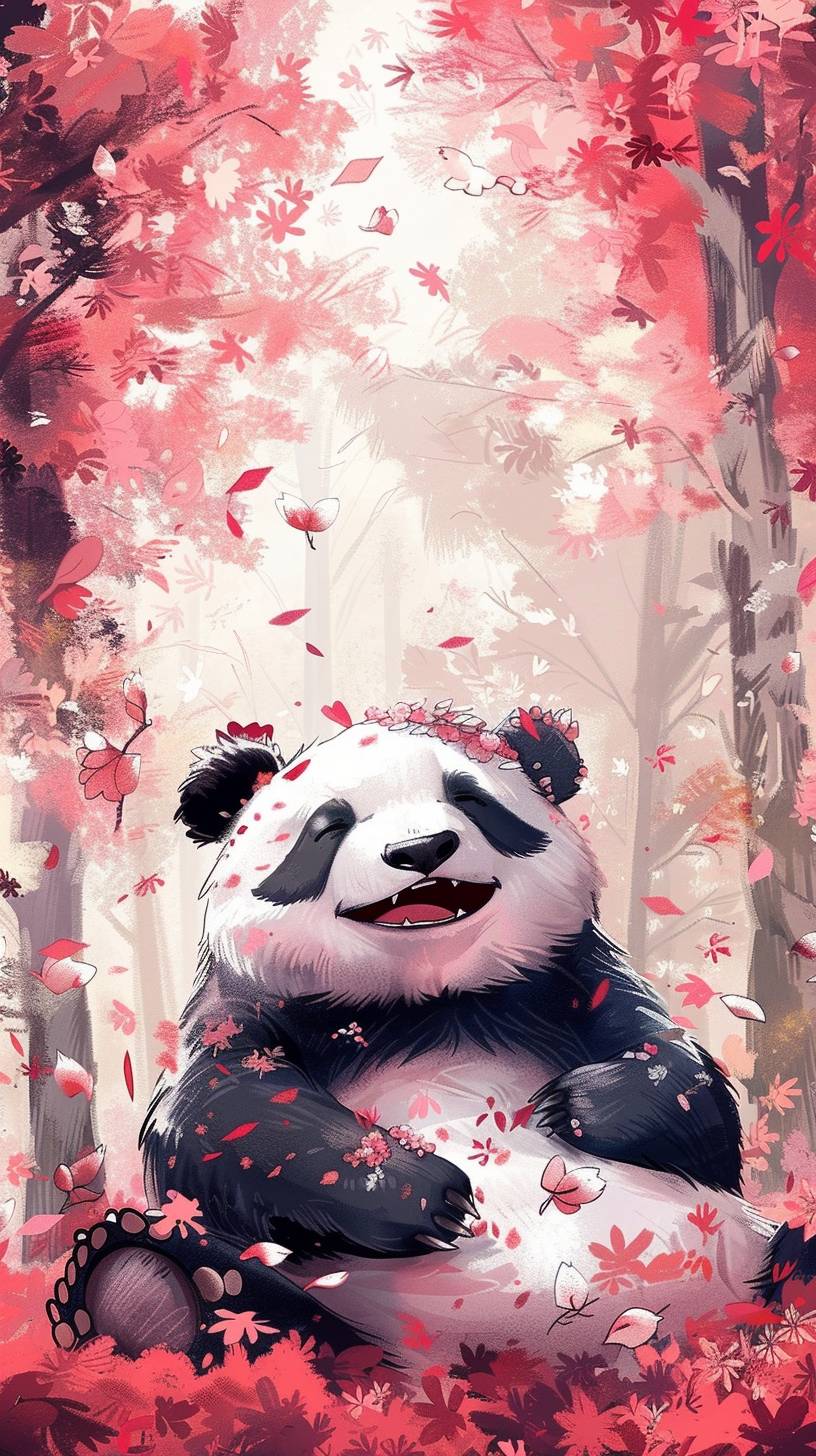 A happy panda in the style of Totoro, surrounded by a forest of cherry blossom trees