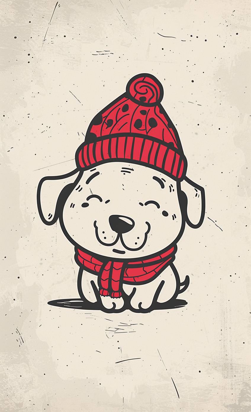 A simple children's risograph print with an illustration of a happy dog wearing winter clothing against a plain background. The style is playful and colorful with detailed character illustrations in the style of minimalistic, cute cartoonish designs.