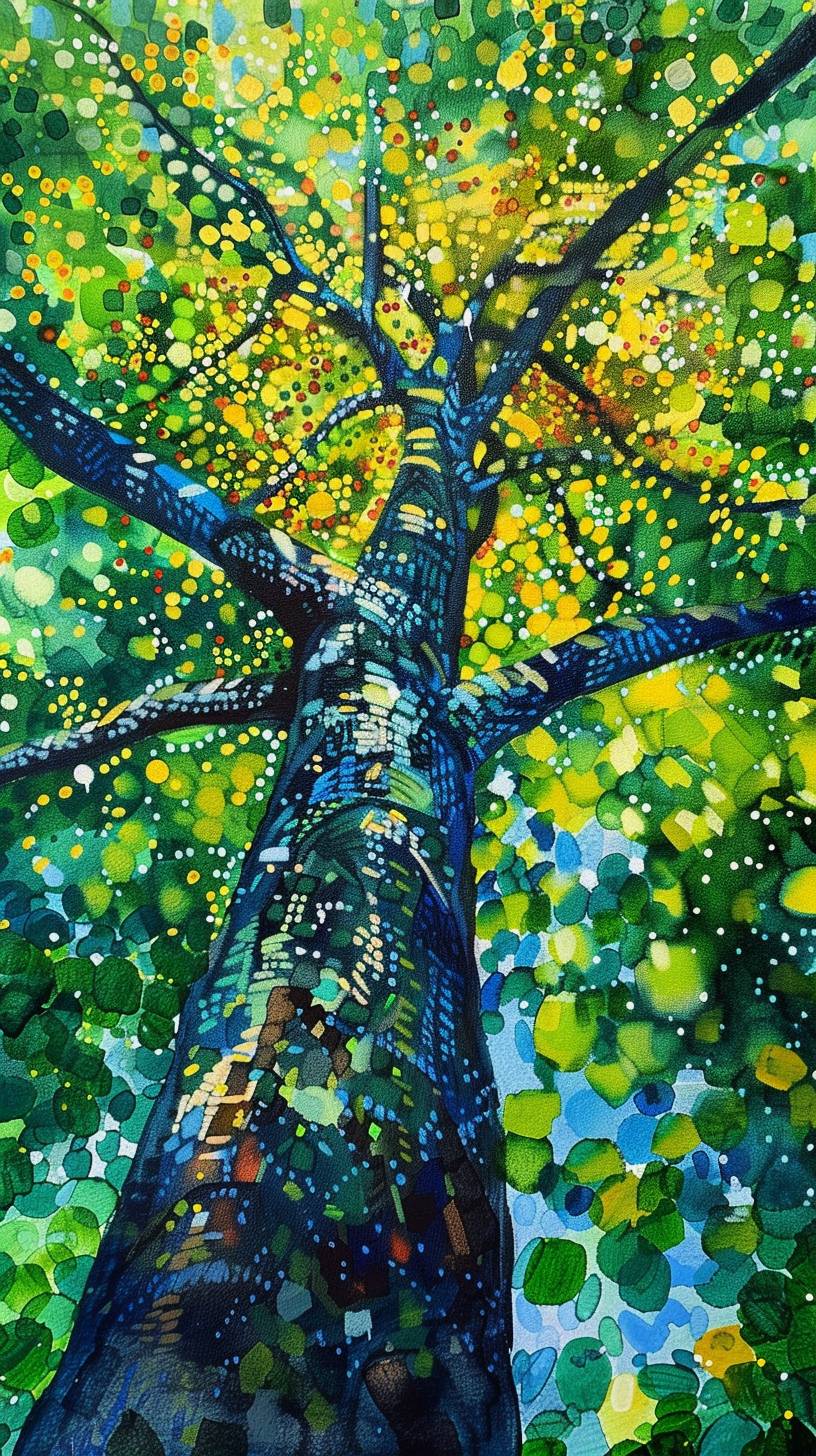 緑の木、ポアンティリズムのスタイルの絵画、黄色と青いドット、広角視点、大きな緑の木々のキャノピーを地面から見上げた、鮮やかな色彩、水彩画風