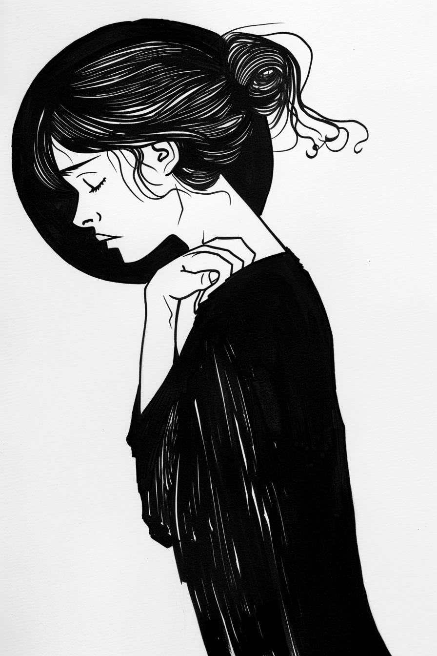 In the style of Will Barnet, character, ink art, side view