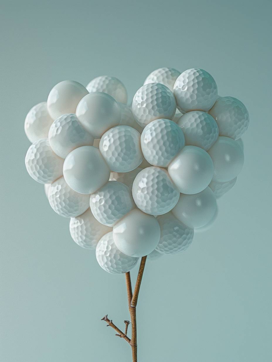 3D render of a bunch of heart-shaped golf balls with a plain background. The golf balls are clustered together in the style of grapes on a golf tee or branches. The background is simple with no additional elements.
