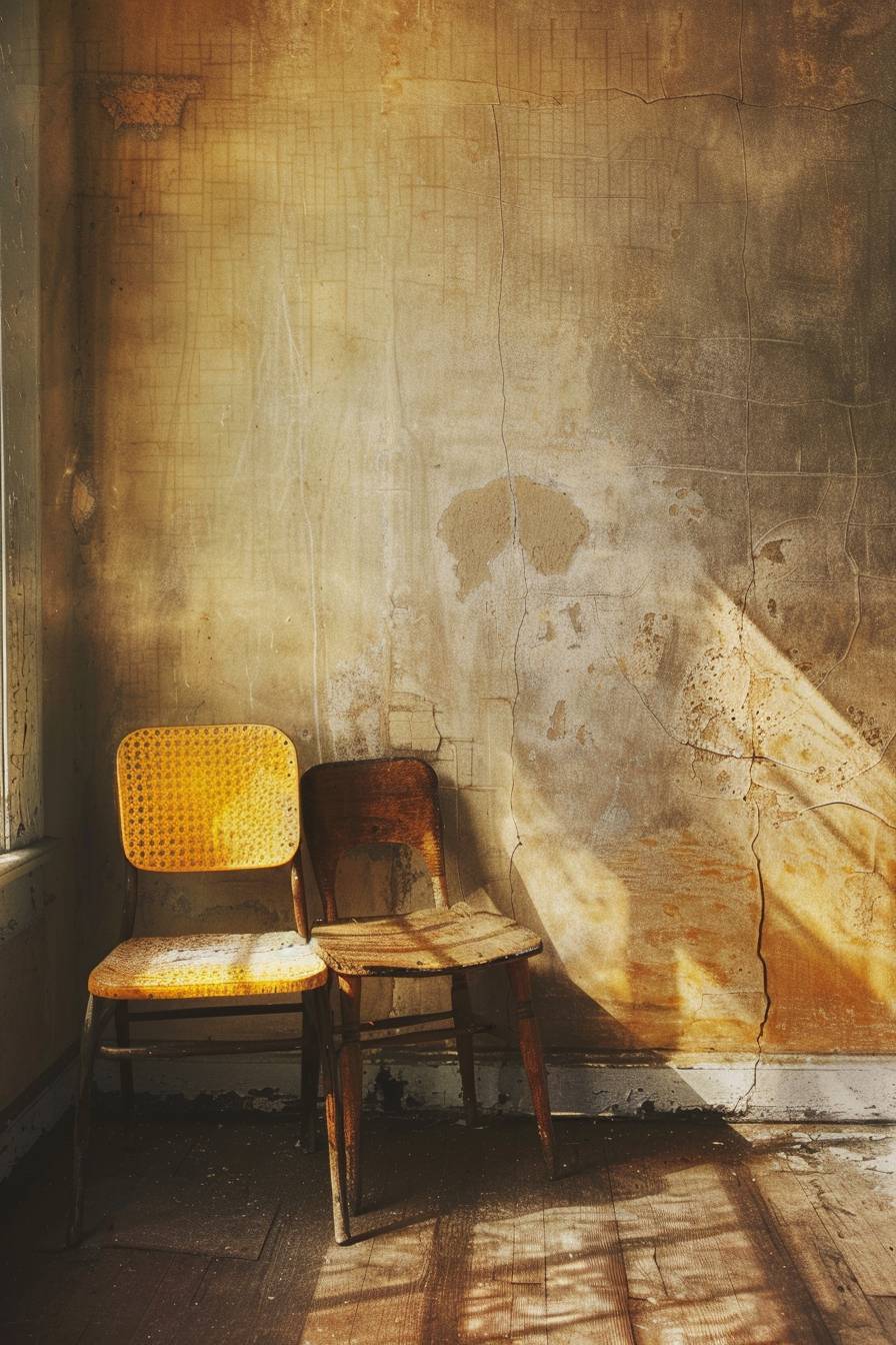 Two chairs in a room, in the style of rustic textures, light brown and light amber, Paul Strand, traditional British landscapes, traditional-modern fusion, Eero Saarinen, high resolution
