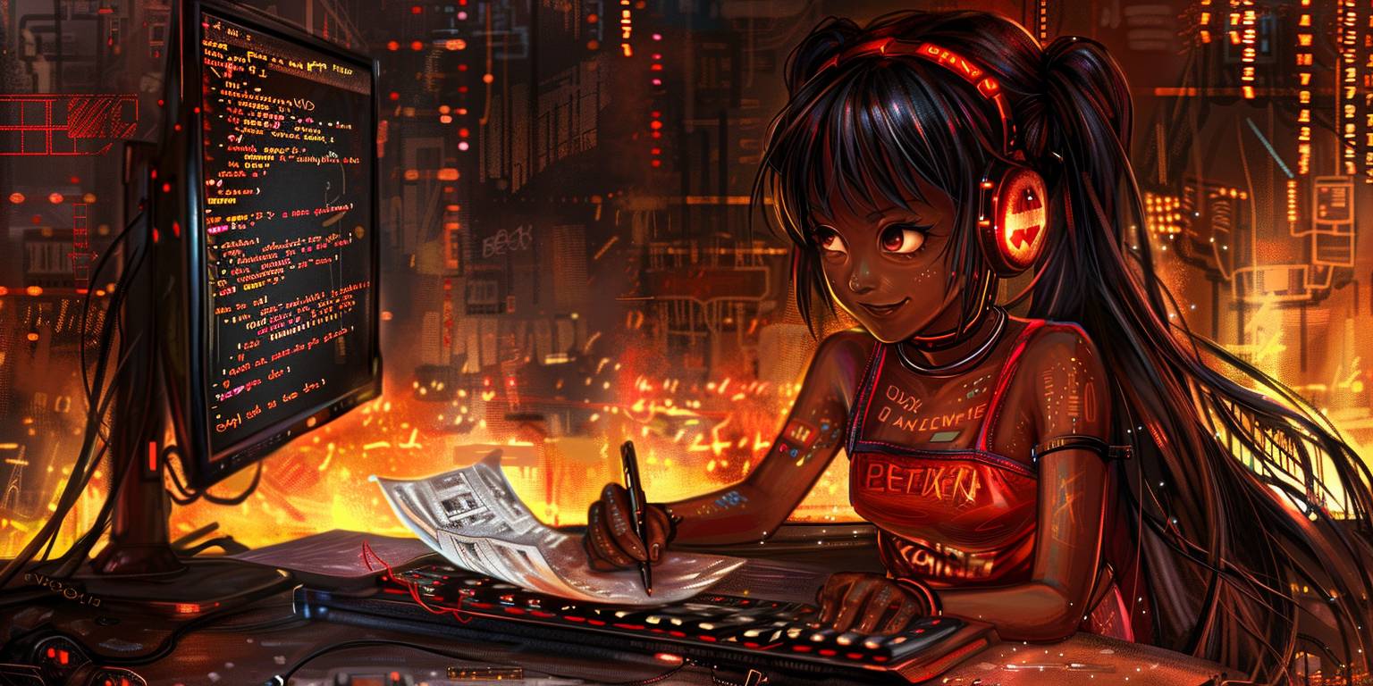 A girl takes an English test, sits at a desk with a sheet of paper and writes text to a software company for an HR job, the girl comes for an interview, some cyberbanking, warm tones, a yellow accent, cyberpunk in the background, dark tones in the background, accent on people, realism, photo--q 5 --chaos 30 --ar 2:1  --v 6.0