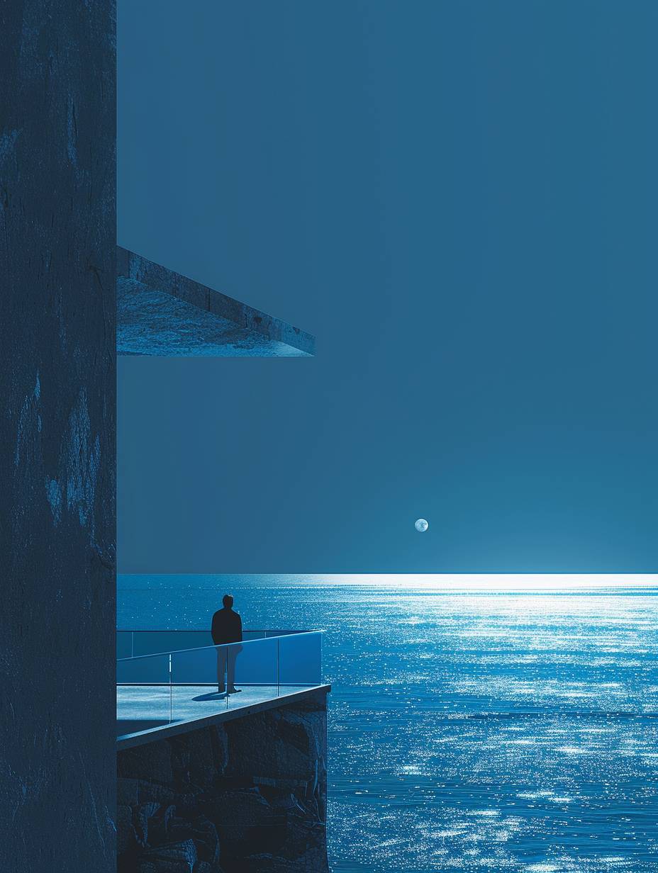 A person stands on a balcony looking toward the ocean, in the style of light sky-blue and dark azure, minimalist pen lines, Norwegian nature, I can't believe how beautiful this is, 32k uhd, sky-blue, abstract minimalism