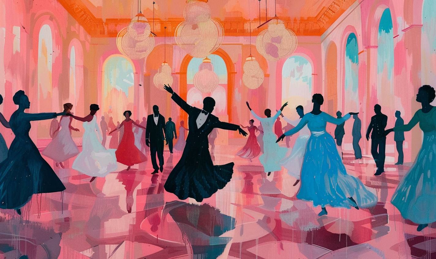 In style of Amy Sherald, Ethereal ballroom with phantom dancers