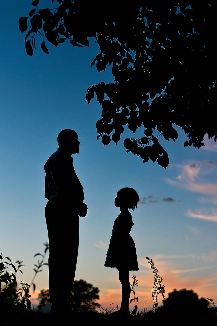 Magazine editorial photography for Father's Day, showing a silhouette of father and a daughter, envisioning the future, showing special bond between father and daughter