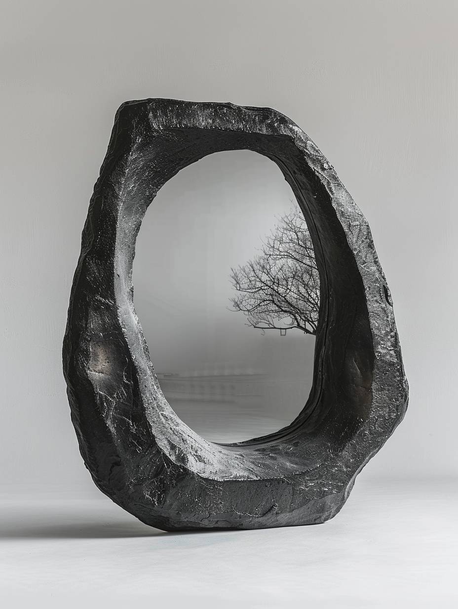 An original design special-shaped black wooden picture frame with a hammered texture on the surface, sleek shape, and a framed mirror inside, which is exquisite and adds details. The background is simple and clean, with nature-inspired motifs, sabattier effect, warm tonal range, organic, and miniaturecore
