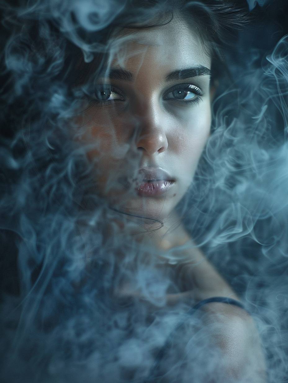 Portrait of a young, stunning woman in Ephemeral Midnight Smoke style