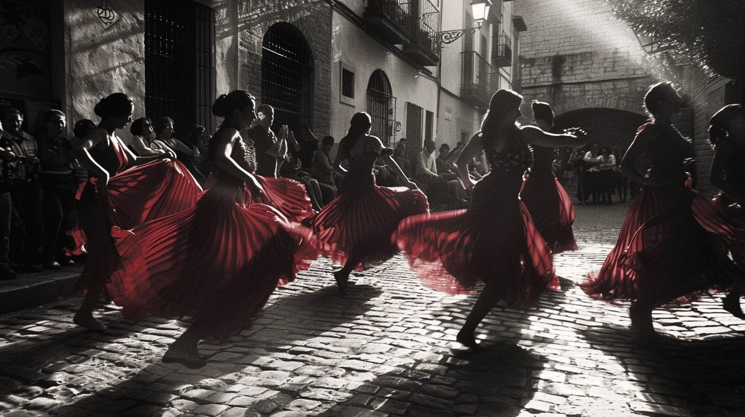 Seven dancers in a flamenco troupe. Intensity and rhythm. Red dresses. Seville street. Evening in 1990. Cobblestone street, spectators, old buildings. Wide shot, full body. Captured with a Canon EOS-1, Ilford HP5 Plus film. Street lamp casting long shadows, fabric caught mid-twirl.