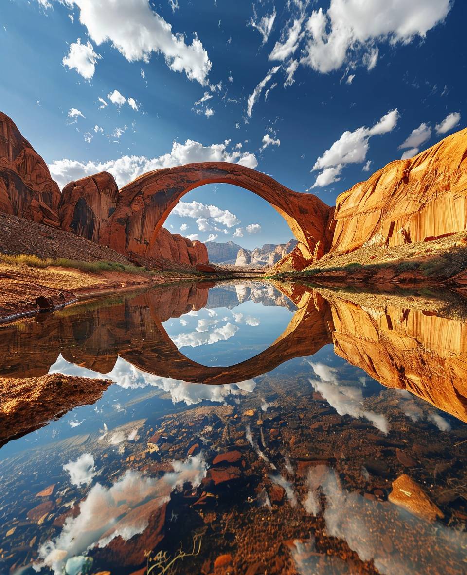 A stunning arch reflection in the crystal clear waters of Rainbow Bridge at Arabian Desert, Utah