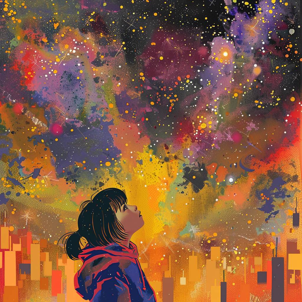 星を見上げる少女、フォーヴィスムの色の爆発、ユニークな妖怪のイラスト、幾何学、メンフィスのイラスト、メンフィスの背景、流れるようなジェスチャー、子供の本のイラスト2:3-Niji 5--スタイル表現--V 6.0
