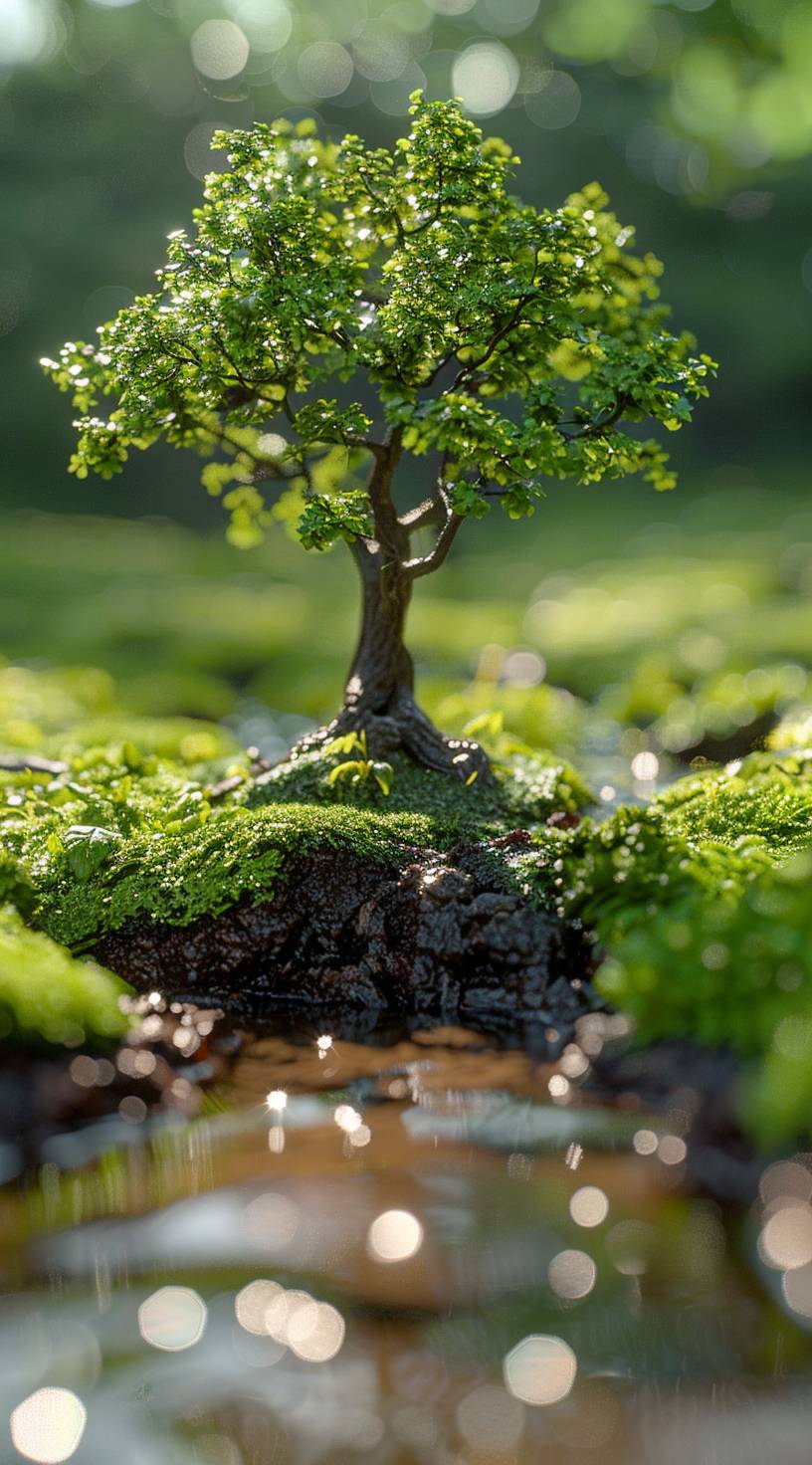 Mythical world, huge island, good afternoon nature, huge height, reflection, illustration, sky, Geometric, bright style, blurred background, moss, wetland