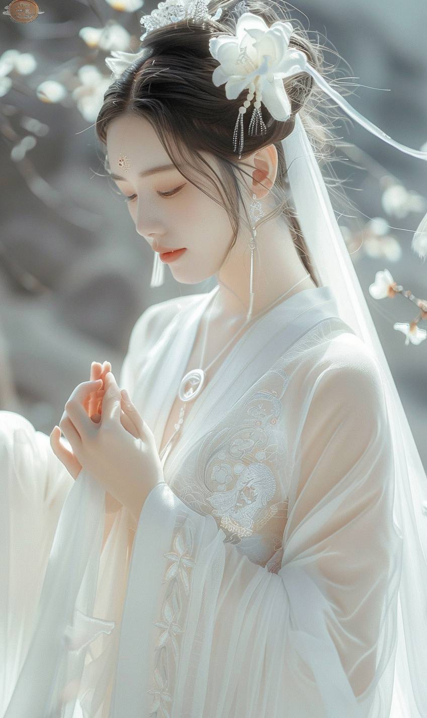 Buddhist style white series girls, cute, ancient style, pure, healing, beautiful, high-definition, ultra-high definition picture quality