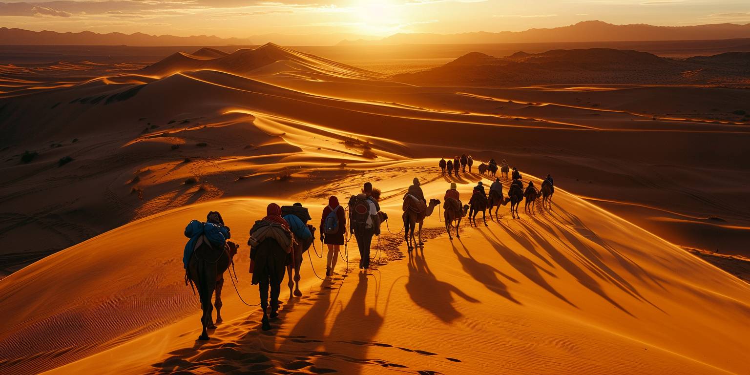 Cinematic, documentary photography, a group of tourists discovering the Algerian desert, walking through the golden sands, wide shot, high camera angle, sunset, camels in the background, shot with Canon EOS C300 Mark III, clean composition