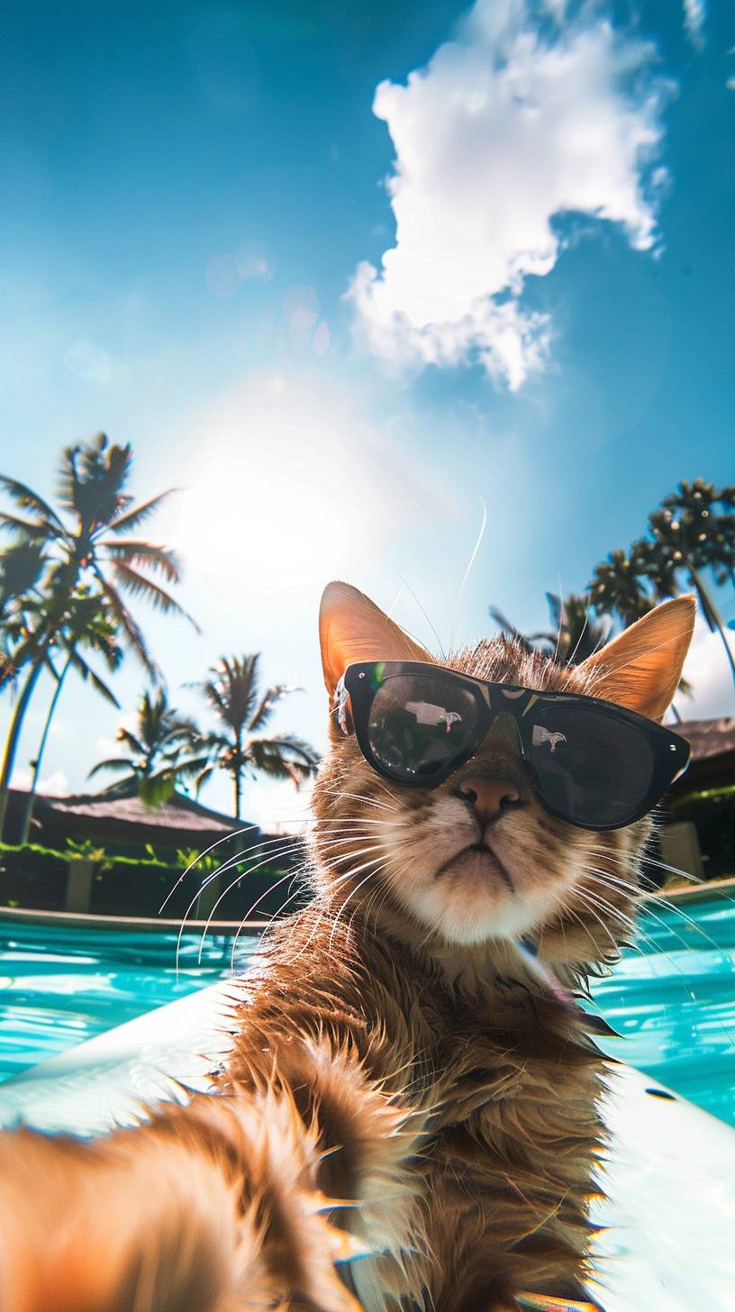 A cute cat, captured cinematically, takes selfies while traveling in Bali, wearing stylish sunglasses, in the midday sun, surfing on a board under the bright sun in vibrant Bali. --ar 9:16 --stylize 0 --v 6.0