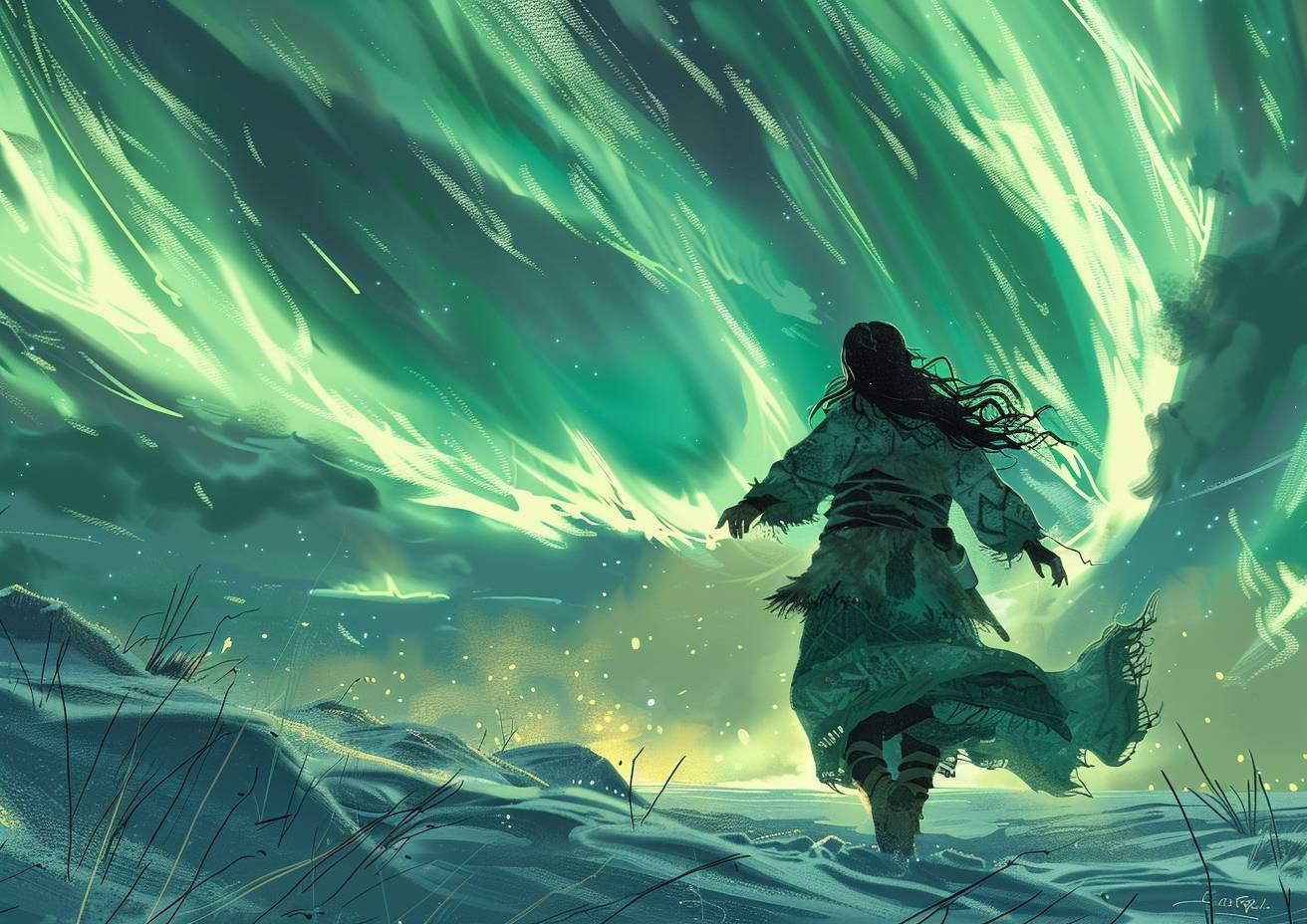 Comic book illustration, an Inuit woman dances on the tundra, muted colours, dynamic lines, swirling aurora lights