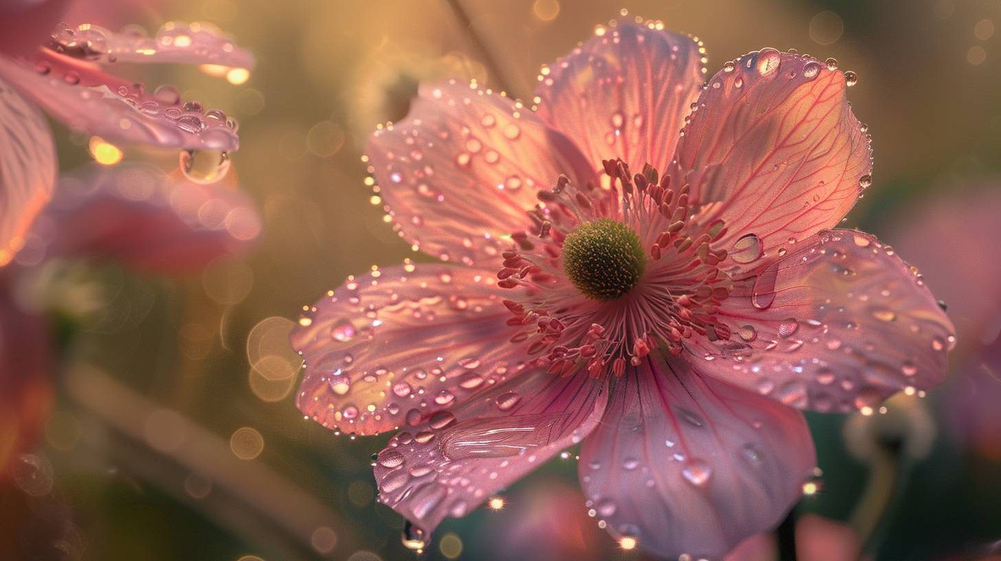 Photorealistic image, macro photography, 105mm lens, delicate petals covered in morning dew, beautiful flower, nature, spring