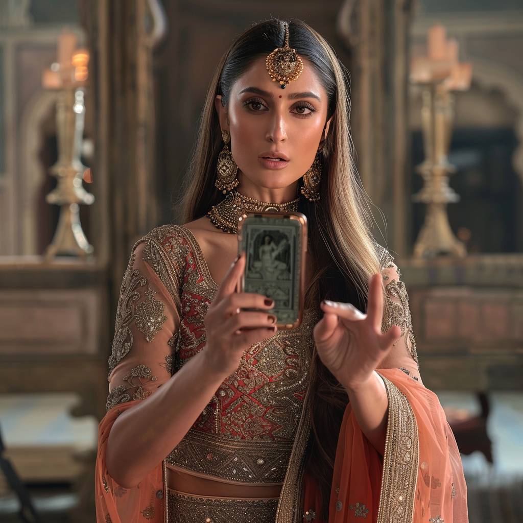 Indian actress Kareena Kapoor is holding a phone in one hand which is facing front, and she is pointing toward the phone from the other hand.