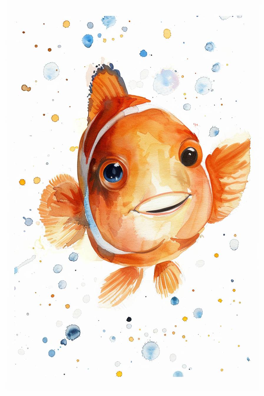 Minimalistic, simple watercolour nursery art, kids illustration, simple watercolor, cute Nemo fish, nursery decor, neutral nautical, cute eyes, white background