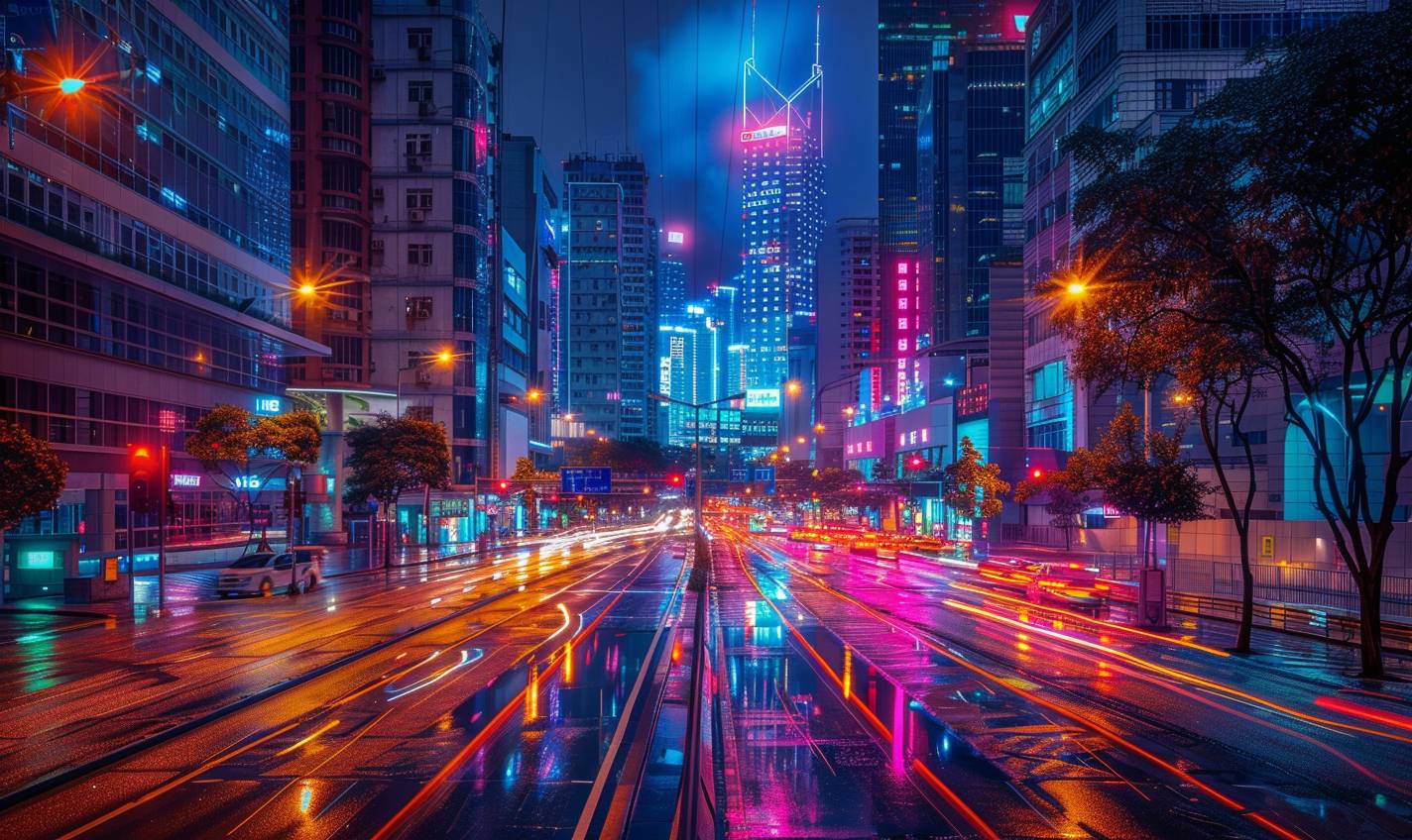 Bustling city, neon lights, dreamlike glow, skyscrapers, high detail streets, soft surreal shadows, vibrant colors, urban exploration, reflective surfaces, Orton effect, Sony a7R IV, Meike 85mm F1.8, UHD image