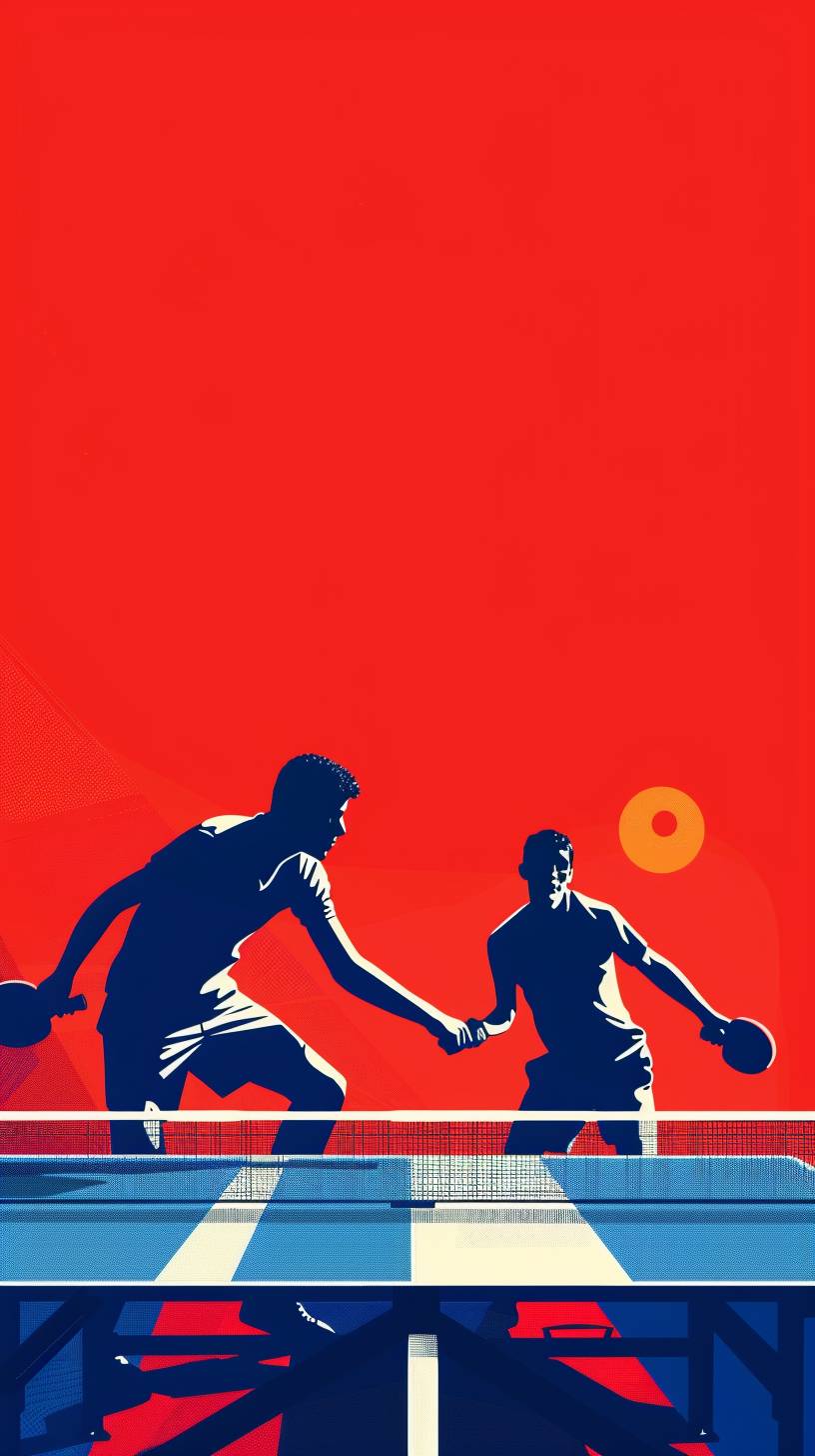 Two players playing table tennis. Illustration style, minimalism, color blocks, pop art style.