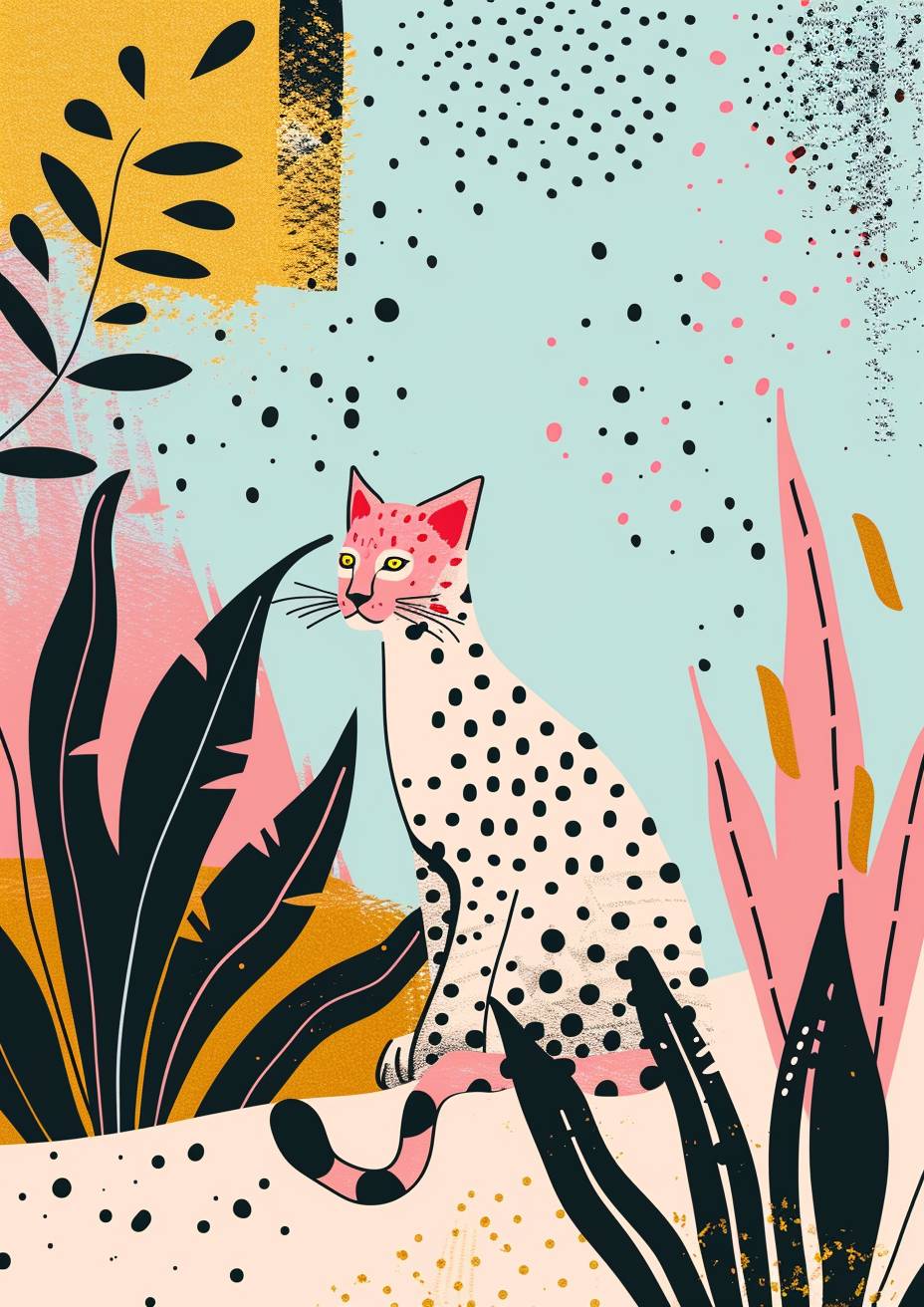 A minimal and whimsical illustration with a bold pastel color scheme; using marker art in the style of Matisse; inspired by I fall for you and aboriginal art; focusing on a lynx; the mood is playful and surrealistic. There is gold leaf all over the artwork.