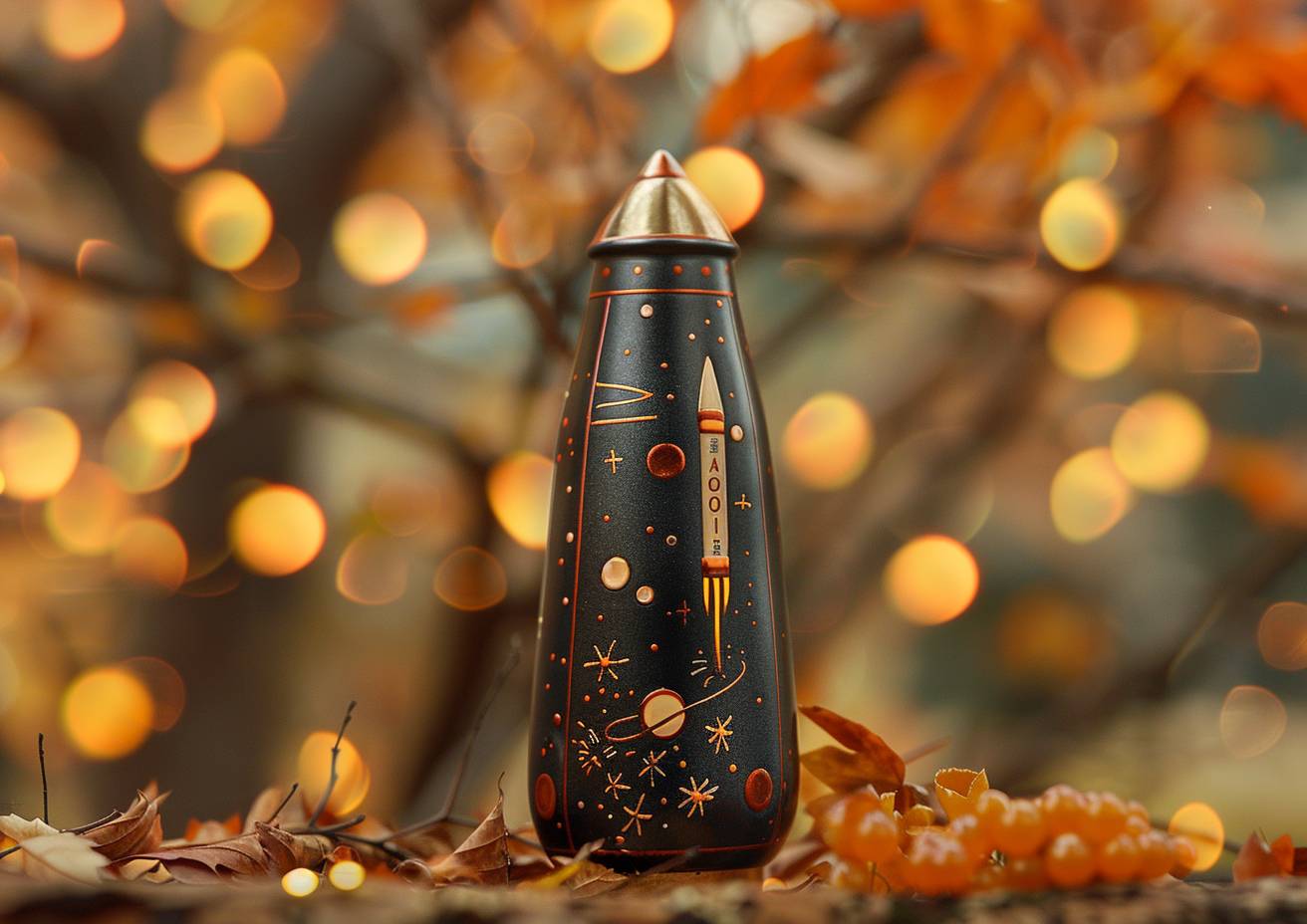 A black-figure storage jar depicting a rocket from the Apollo space program, diffuse lighting, bokeh background