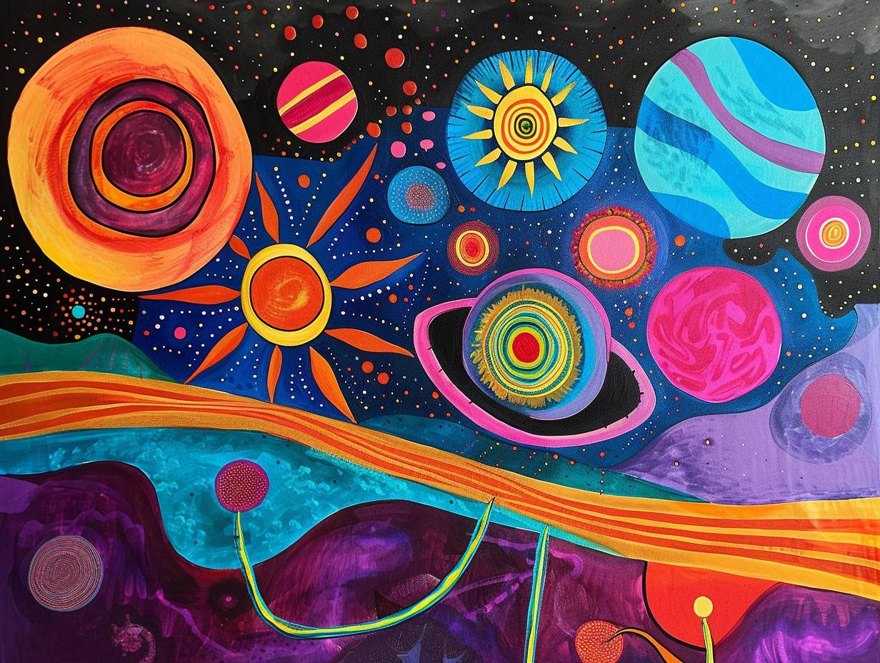 In style of Laurel Burch, Space explorer discovering a new planet
