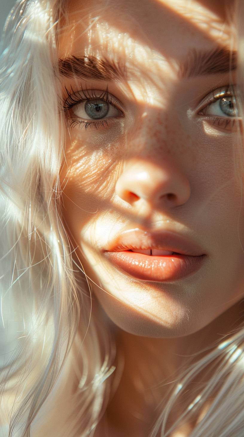 European and American beautiful women, mixed race, deep facial features, long eyelashes, pale white skin, light-colored hair, no bangs, the sunlight shines on the face, close-up, real person, surreal, finely depicted facial features.