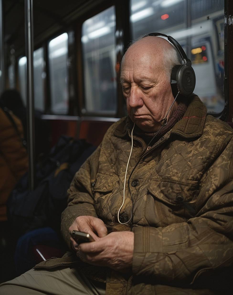 A photograph of an elder man with short hair and light skin wearing headphones, sitting on the subway in New York City in 2005. He is holding his phone out to film something while he sits.