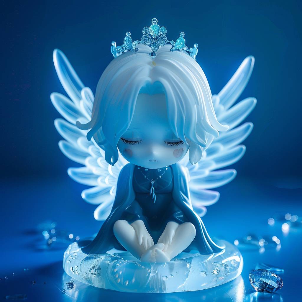 IP by pop mart, blind box toys, 1 girl, blue eyes, vampires, one eye closed, white hair, Wearing a crystal crown on his head, Sitting on jelly, angel, Crystal Wings, Blue gemstone, blue background, sitting, best quality, very aesthetic, 8k, without text