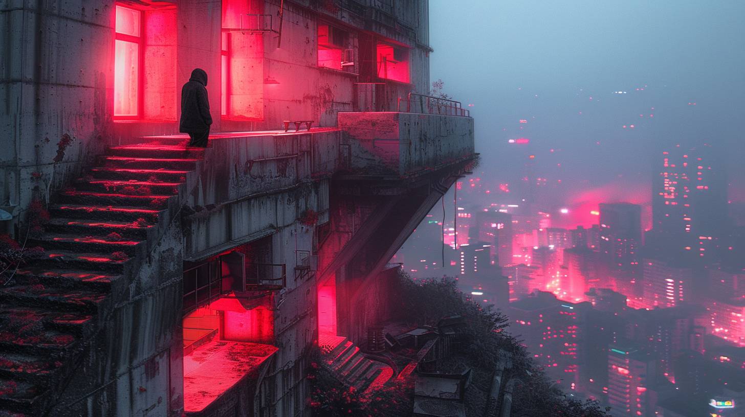 Cyberpunk | Concrete industrial building in brutalist style, night, big city lights
