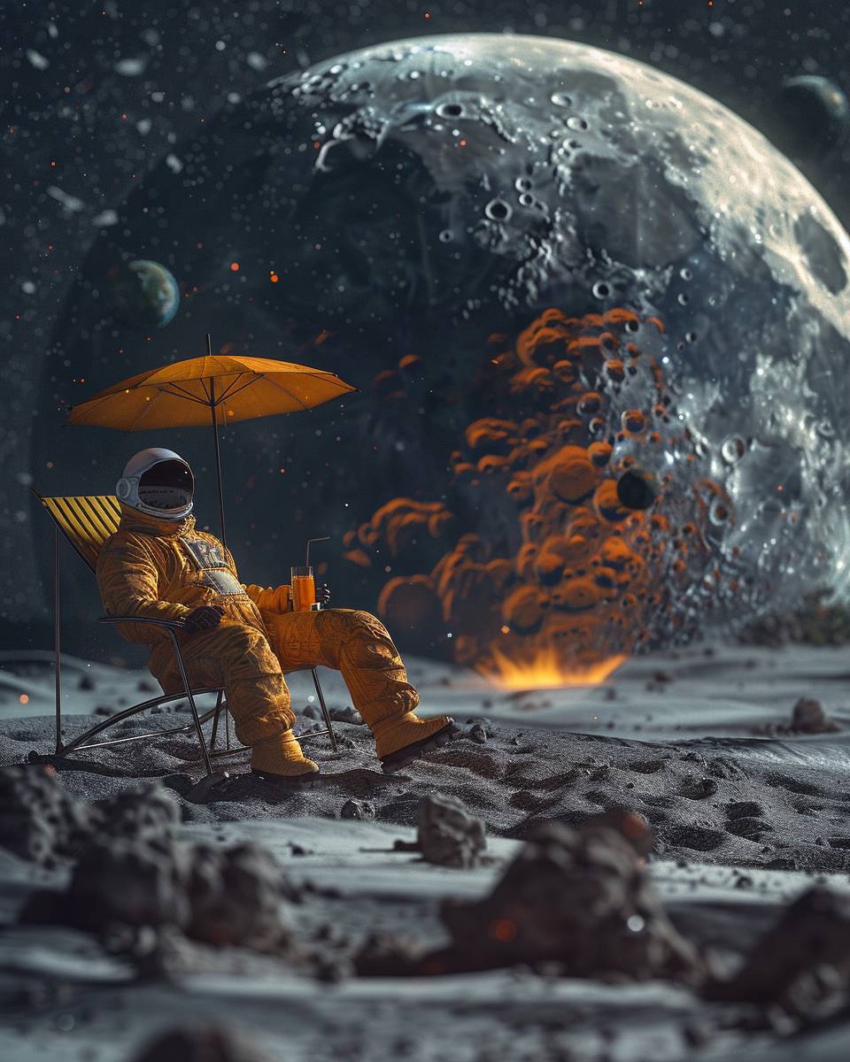 ヘーゼマットスーツを着た人が黒と青の月の表面にあるビーチチェアに座り、ビーチ傘とビールを持ち、爆発する地球を眺める、3Dレンダリング、シネスティル