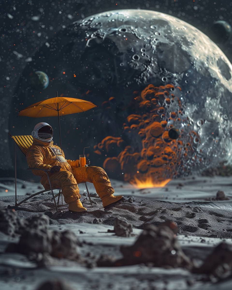 Man in hazmat suit sitting on a beach chair on the surface of a black and blue moon, with a beach umbrella and beer, looking at an exploding Earth, 3D render, cinestill