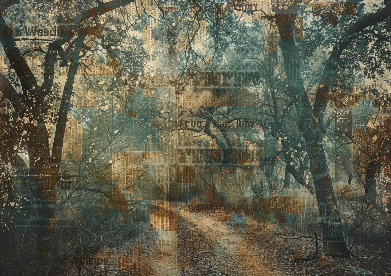 abstract layered silkscreen print, a lonely trail winds through an oak forest, diffuse sunshine, dark and misty from the rain, fragmented and distorted rectangles, large letters stencil overlay, low contrast palette, rough texture, flat image