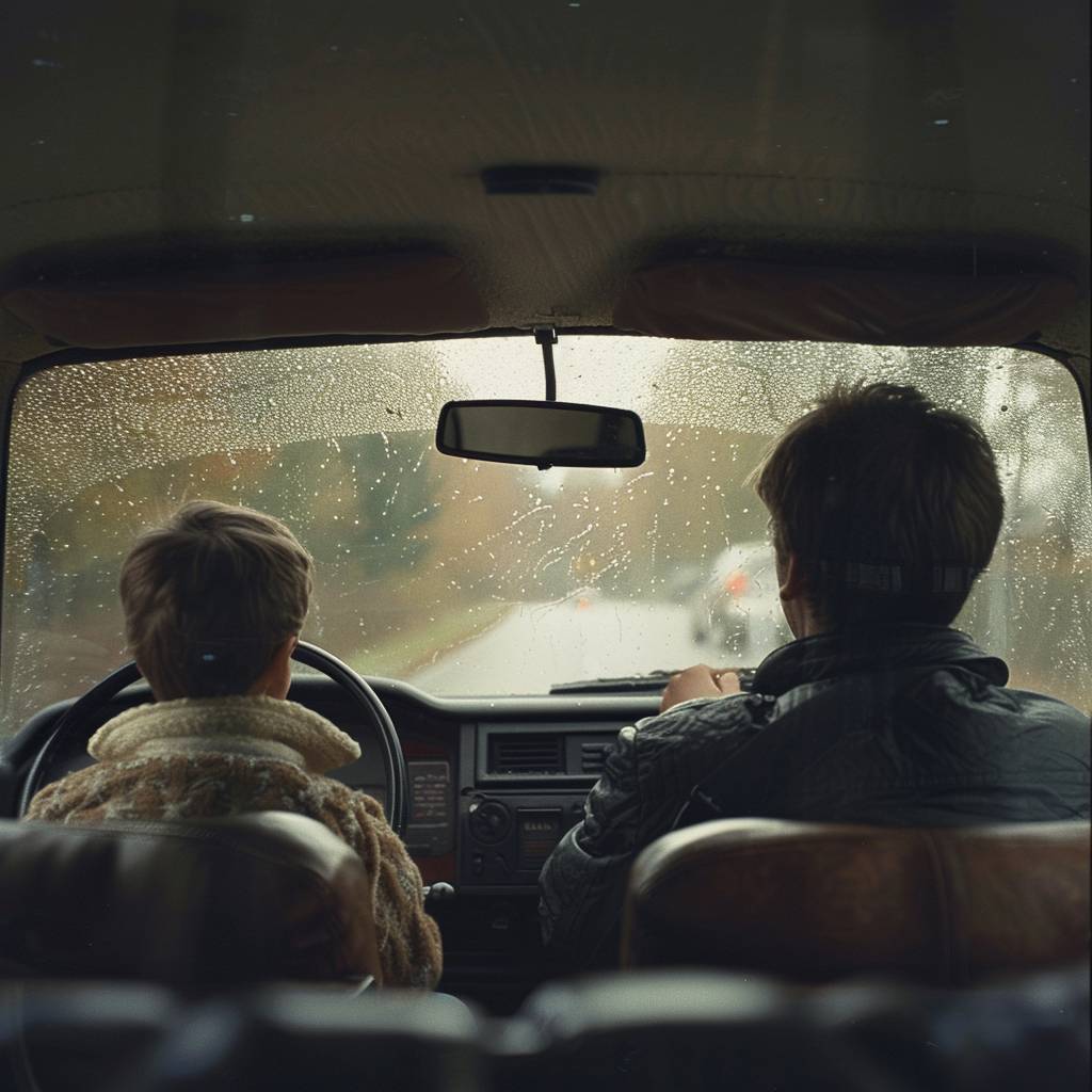 Interior view of a moving car. Father (28 years) and son (10 years) are just getting to know each other and are sitting together in the car, driving to Holland where the father is supposed to pick up drugs. The atmosphere is dramatic and both are strapped in, observing the view through the windshield.